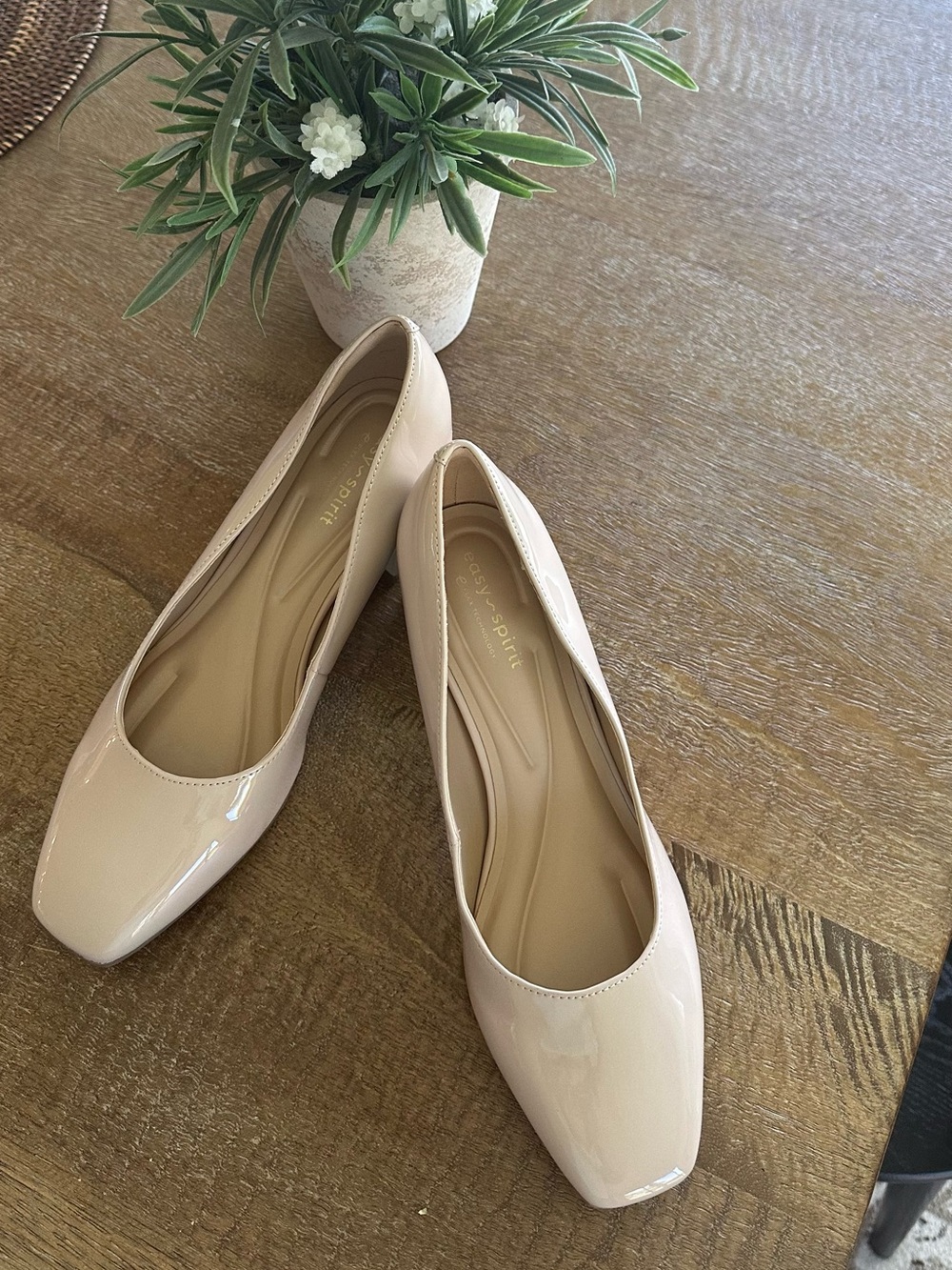 Easy Spirit Patent Square-Toe block heel dress pump.
